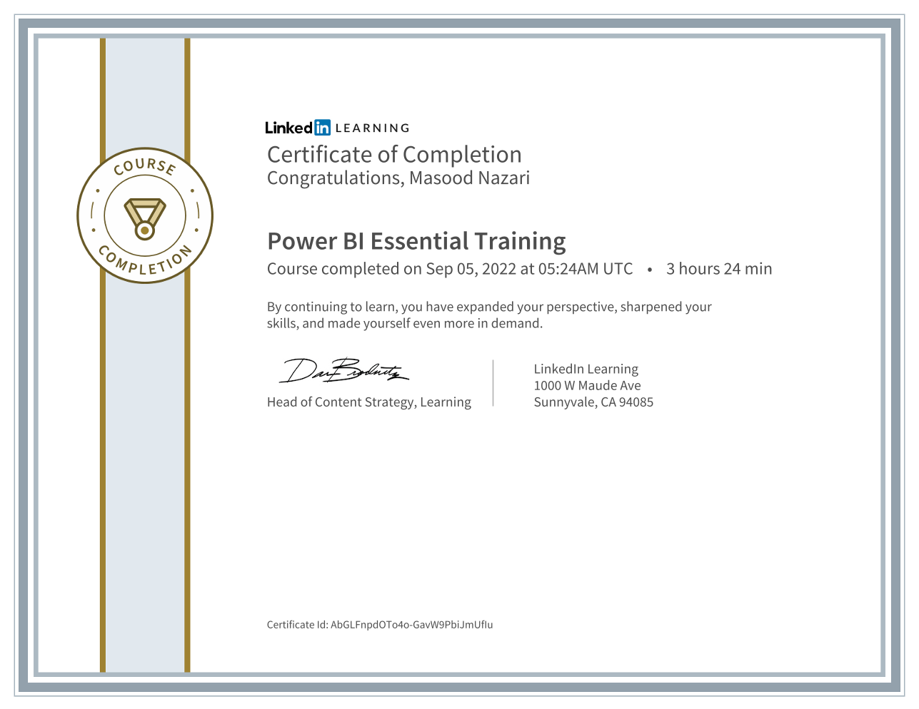 LinkedIn Learning certificate for Power BI Essential Training completed September 2022