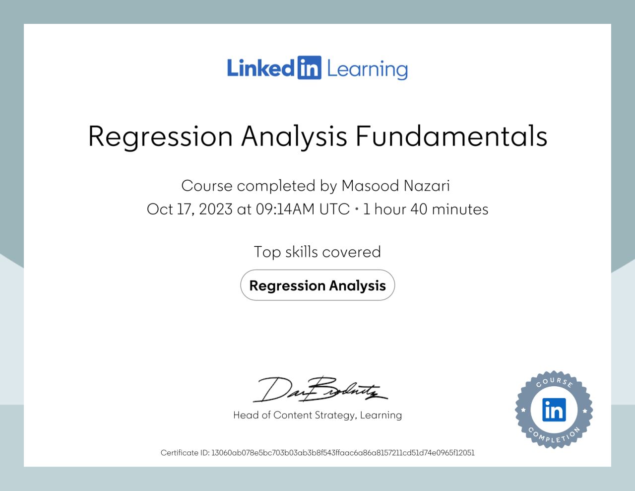 LinkedIn Learning certificate for Regression Analysis Fundamentals completed October 2023