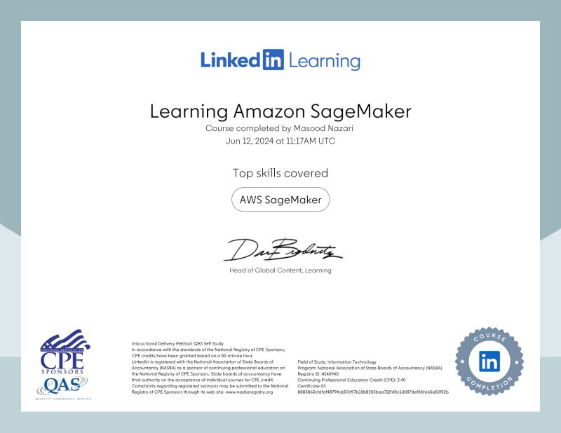 LinkedIn Learning certificate for Learning Amazon SageMaker completed June 2024